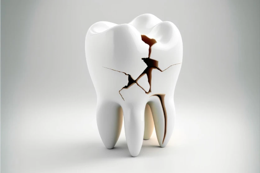 Cracked tooth on gray background